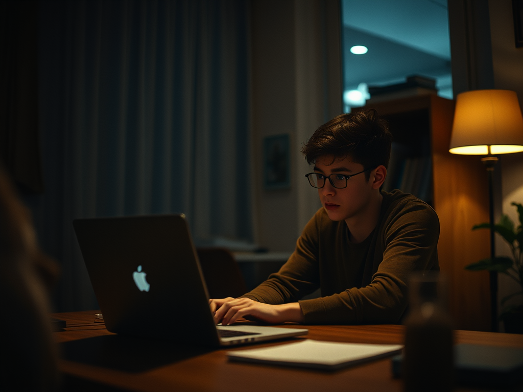 young male sitting at a table working on a computer in a darkened room.